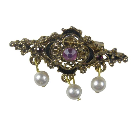 Brooch Filigree Goldtone Faux Pearl Dangle Pin Vintage 1980  Finial  1.75 in - Picture 1 of 4